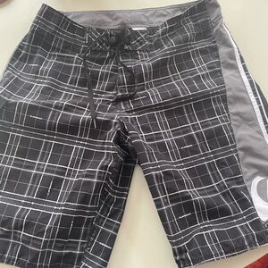Quiksilver Black and Gray Plaid Board Shorts
